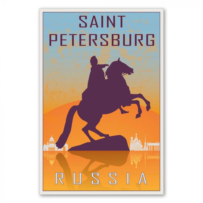 Der Bronzene Reiter im Sonnenuntergang – ein Vintage-Reiseposter von Sankt Petersburg.