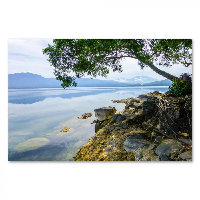 Ein See mit einem Baum am Ufer, im Hintergrund eine Bergkette.