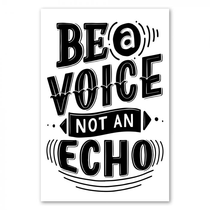 "Be a Voice, not an Echo", fette Buchstaben auf Weiß, inspirierend.