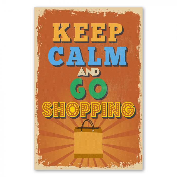 Vintage Poster in Orange: "Keep Calm and Go Shopping" mit Einkaufstasche.