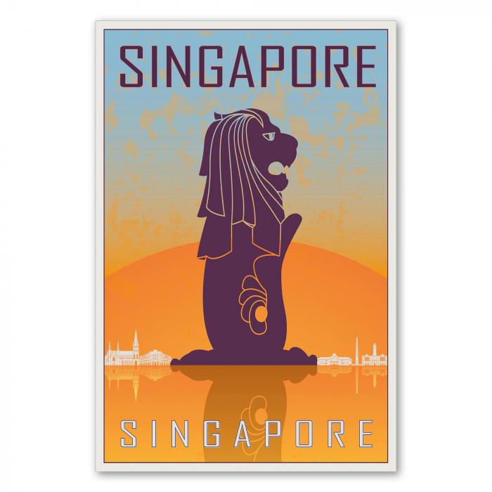 Der Merlion, das Wahrzeichen von Singapur, vor der Skyline der Stadt - ein Retro-Reiseposter im Stil der 50er Jahre.