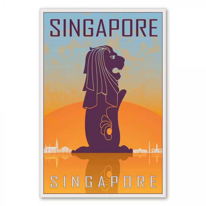 Der Merlion, das Wahrzeichen von Singapur, vor der Skyline der Stadt - ein Retro-Reiseposter im Stil der 50er Jahre.