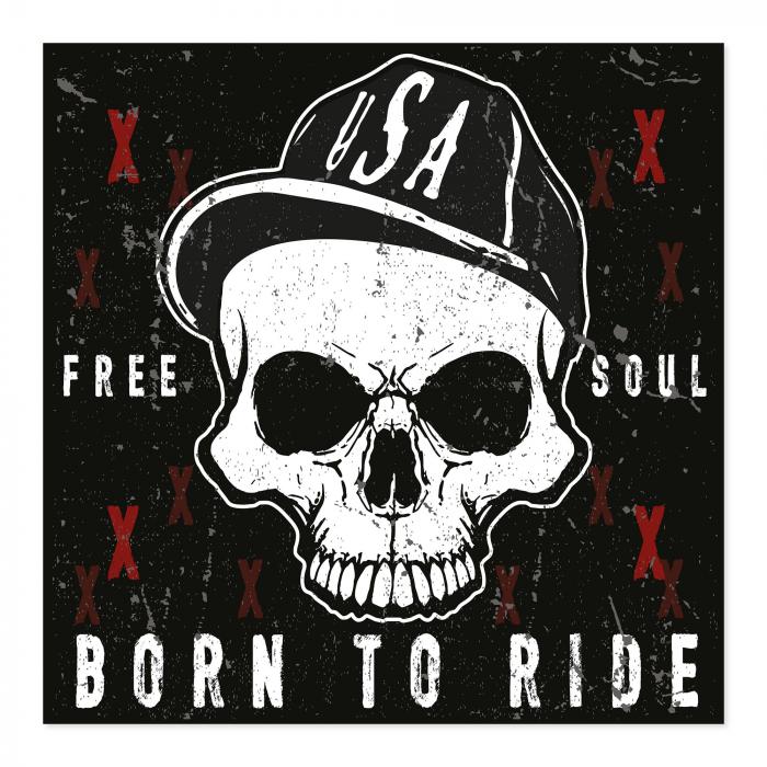 Totenkopf mit Basecap & Spruch "Born to Ride" - Grunge-Design für Motorrad-Fans.