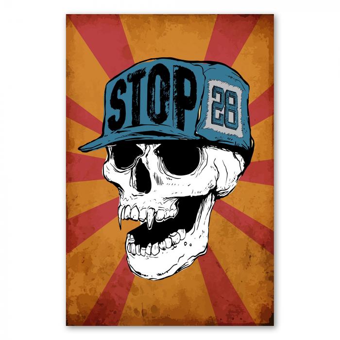 Ein lässiger Totenkopf mit Cap und dem Schriftzug "Stop 28".