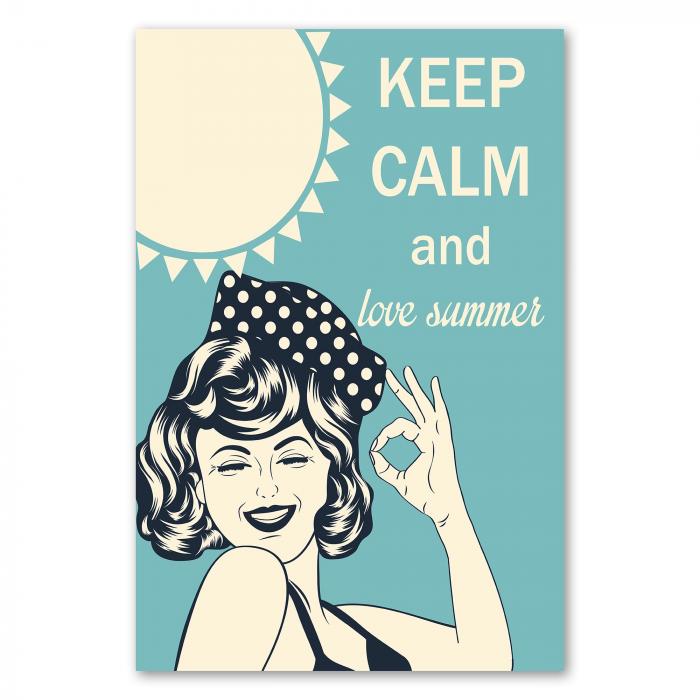 "Keep Calm and Love Summer" - diese fröhliche Frau im Retro-Stil lädt zum Genießen der Sommerzeit ein.