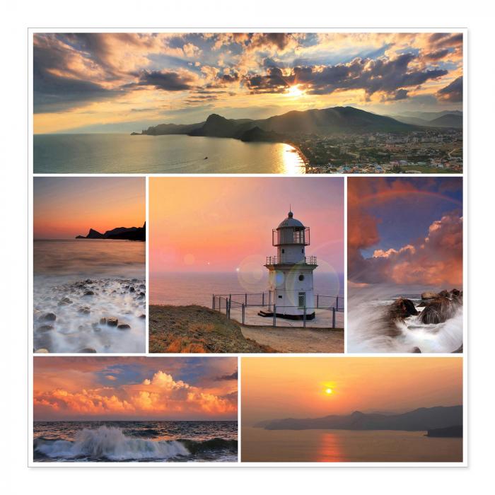 Collage: Sonnenuntergänge am Meer, Wellen, Leuchtturm, Felsen.