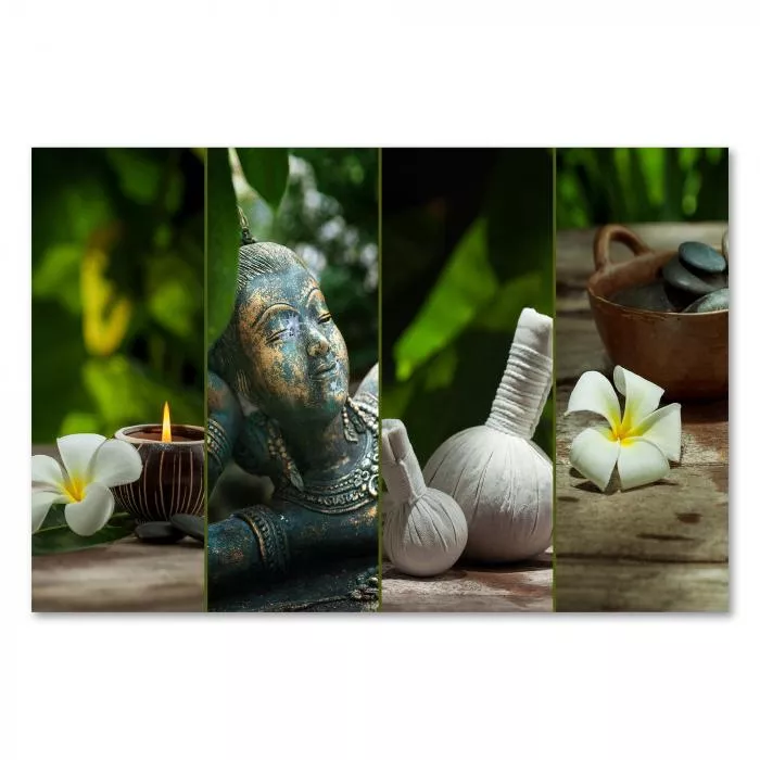 Collage: Buddha, Massagekräuter, Kerzenlicht, Frangipaniblüten - Wellness.