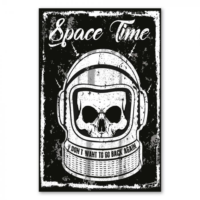 "I don't want to go back again". Totenkopf in Astronautenhelm schwebt durchs Weltall.