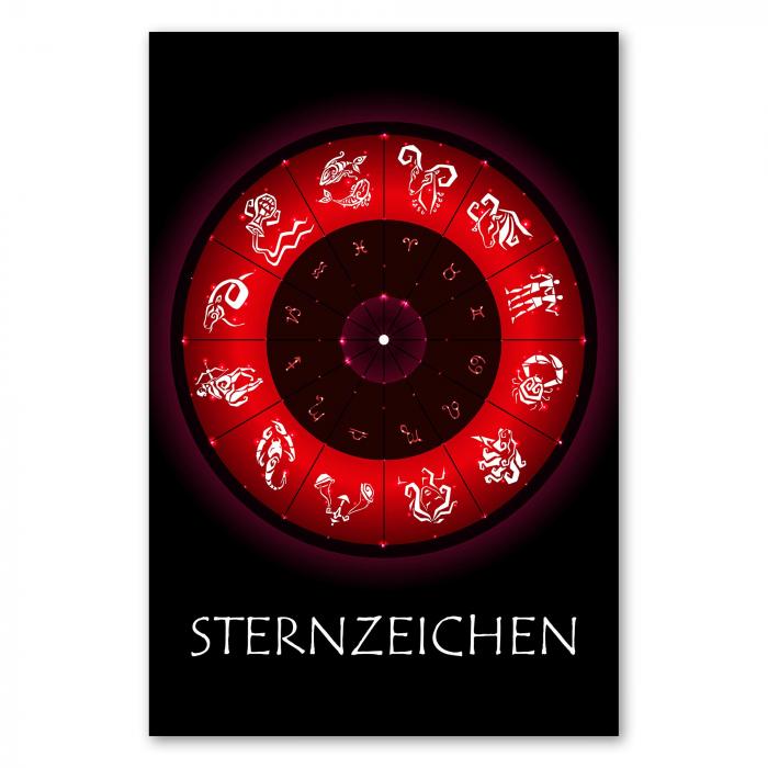 Die zwölf Sternzeichen in einem Kreis auf schwarzem Hintergrund. Rote Symbole, leuchtende Optik.