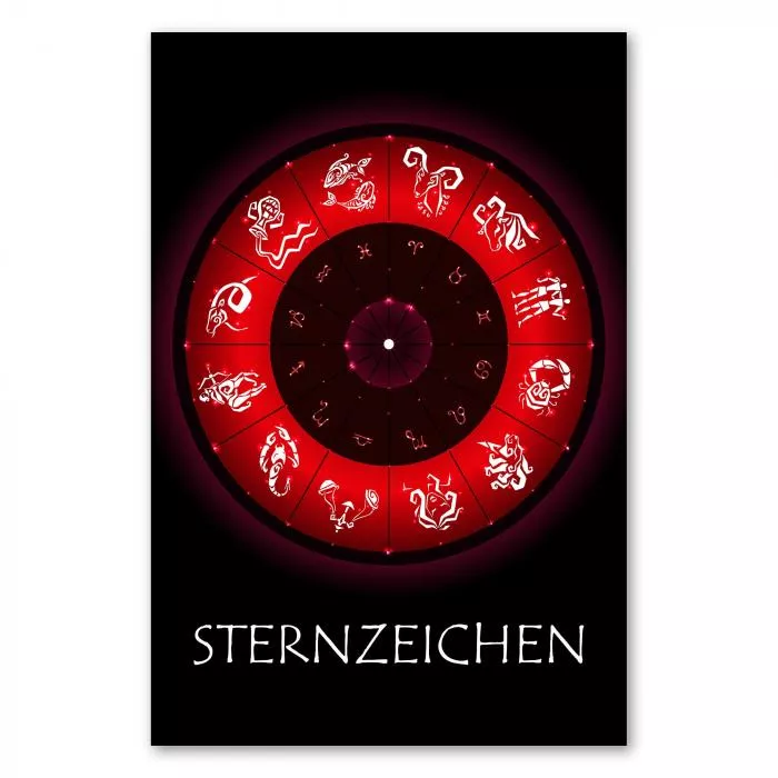 Die zwölf Sternzeichen in einem Kreis auf schwarzem Hintergrund. Rote Symbole, leuchtende Optik.