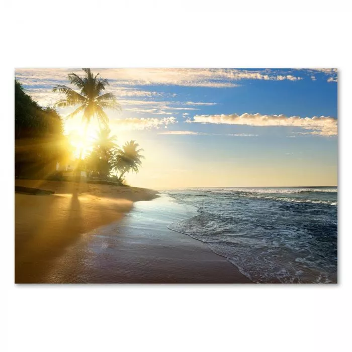 Die untergehende Sonne taucht den Sandstrand und die Palmen in ein warmes, goldenes Licht. Sanfte Wellen rollen ans Ufer & schaffen eine entspannte Atmosphäre.