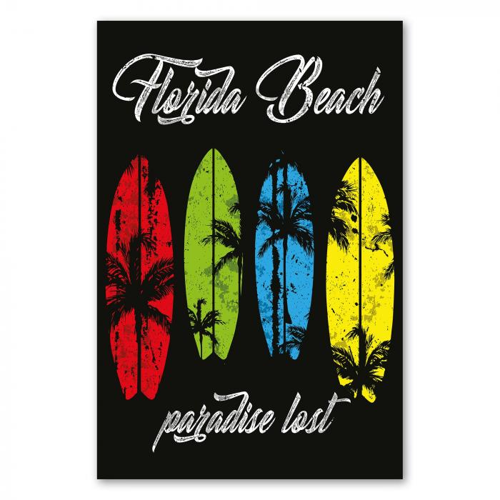 Vier Surfbretter, Palmenmotiv & "Florida Beach - Paradise Lost", Schwarz.