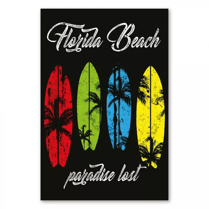 Vier Surfbretter, Palmenmotiv & "Florida Beach - Paradise Lost", Schwarz.