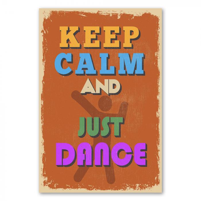 Vintage Poster in Orange: "Keep Calm and Just Dance" mit tanzender Figur.