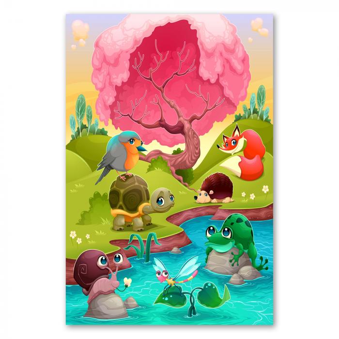 Frosch, Igel, Fuchs und Schildkröte treffen sich am Fluss - eine niedliche Kinderillustration voller Idylle.