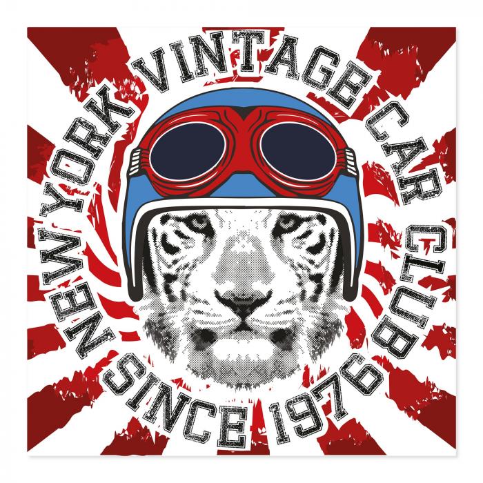 Tigerkopf mit Retro-Helm & Schriftzug "New York Vintage Car Club since 1978".