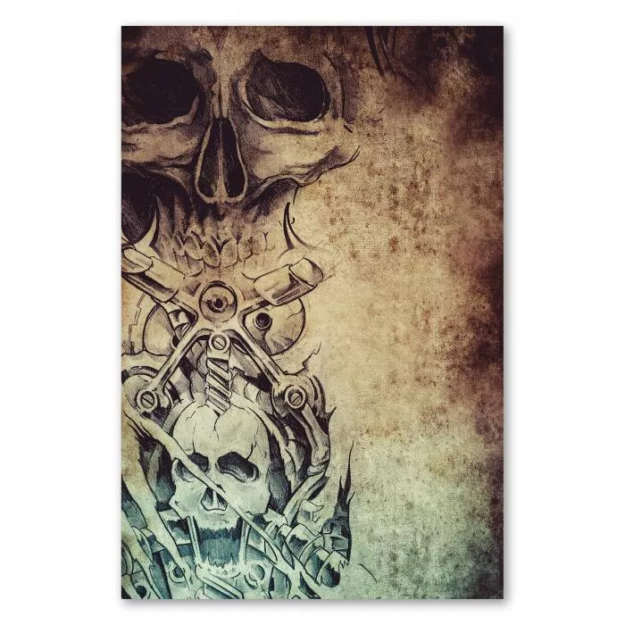 Tattoo-Motiv (Biomechanik-Stil): Totenkopf, mechanische Elemente & Zahnräder.