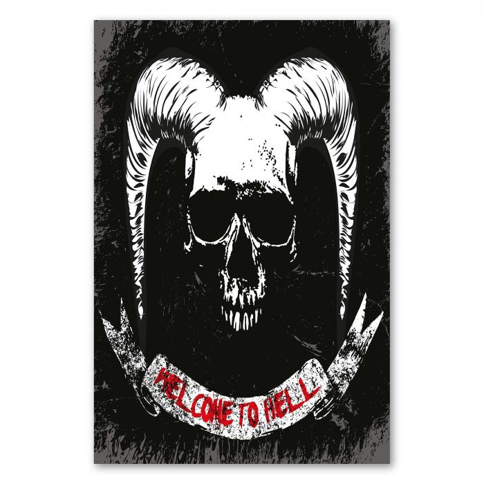 Ein Totenkopf mit Hörnern auf Banner mit der Aufschrift "Welcome to Hell". Düsterer Grunge-Stil.