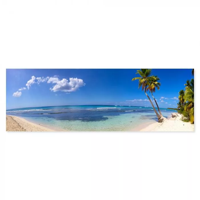 Ein tropischer Strand in der Karibik: Palmen, türkisfarbenes Wasser und strahlend blauer Himmel.