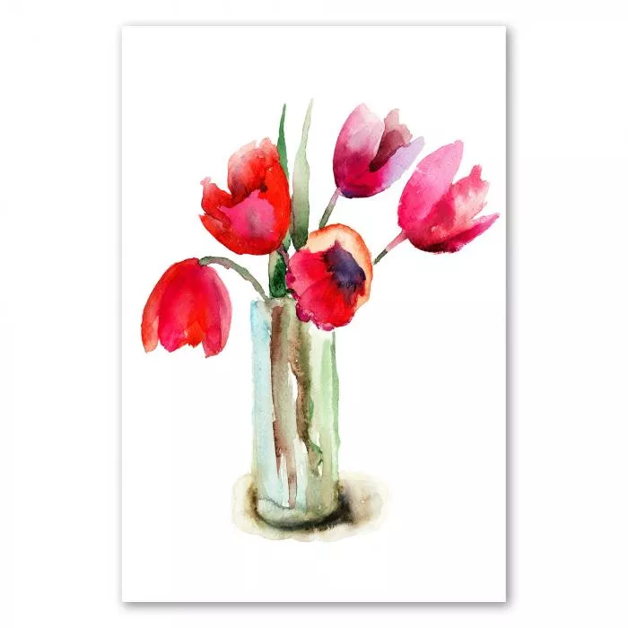 Strauß roter & pinkfarbener Tulpen in Glasvase, Aquarellmalerei.