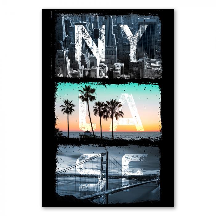 "NY LA SF" - Bilder von New York, Los Angeles & San Francisco zieren dieses Design für USA-Liebhaber.