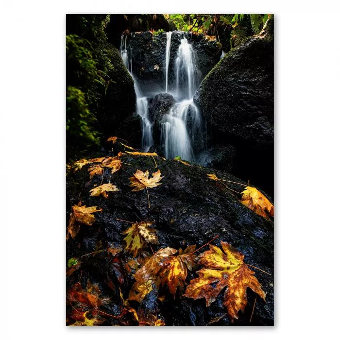 Wasserfall im Herbstwald, bunte Blätter, langes Belichtungszeit, weiches Wasser.