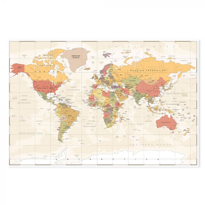 Weltkarte: Ländergrenzen, Städte, Ozeane, Kontinente, warme Erdtöne.