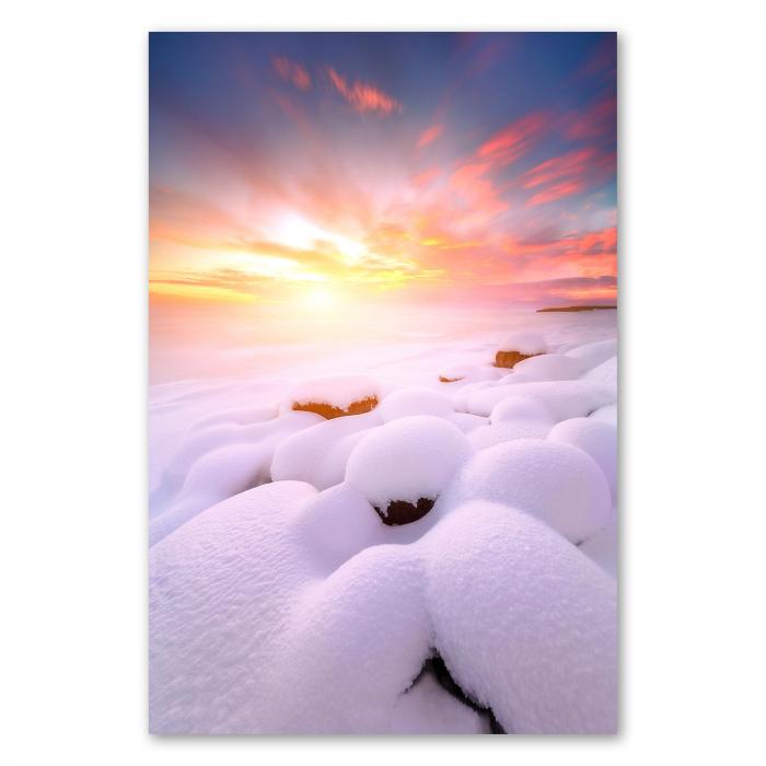 Wintersonne, schneebedecktes Feld, rosa Wolken, magische Stimmung.