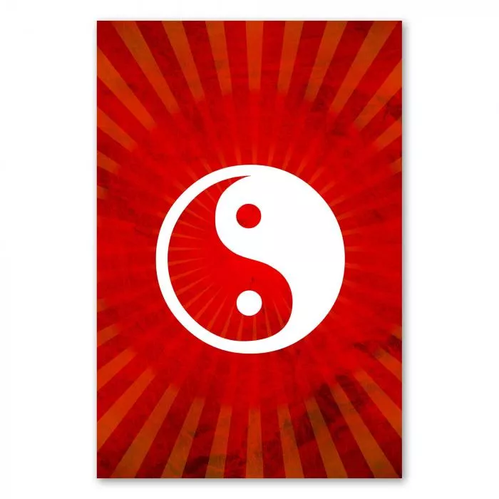 Das Yin und Yang Symbol auf rotem Hintergrund mit Strahlenmuster – ein kraftvolles Symbol voller Energie.