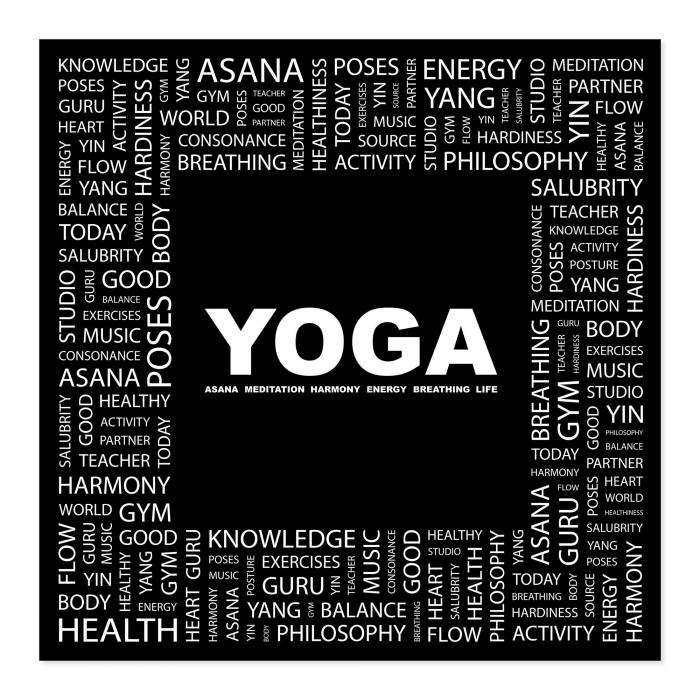 Wortwolke "Yoga": Asana, Meditation, Harmonie, Energie, Atmung - verschiedene Schriftarten.