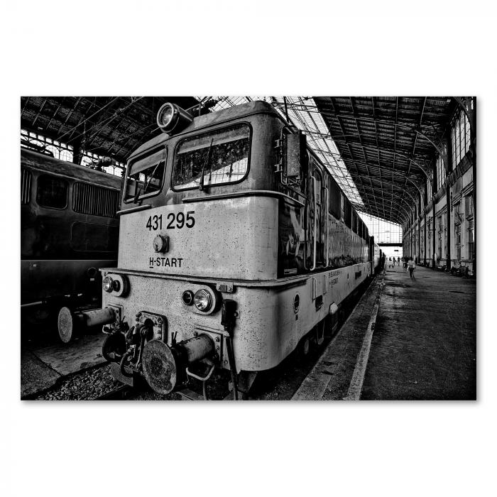 Schwarz-Weiß-Foto: Alter Zug im Bahnhof, historische Atmosphäre.