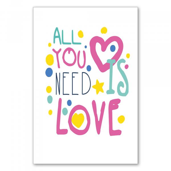 "All you need is love" - Handschrift, bunte Herzen & Punkte.