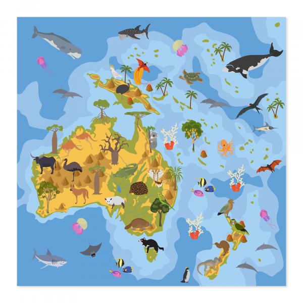 Illustration: Tierwelt Australiens auf Landkarte, farbenfroh & vielfältig.