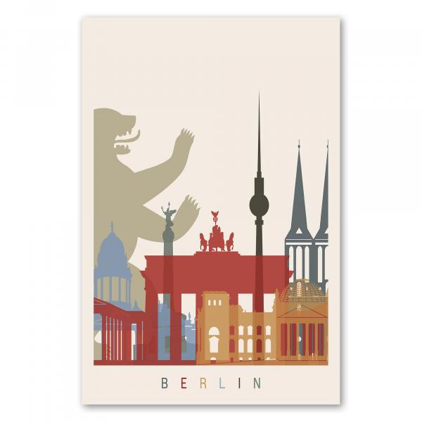 Die Skyline von Berlin mit ihren berühmtesten Wahrzeichen - ein stylishes Poster für alle Berlin-Fans.