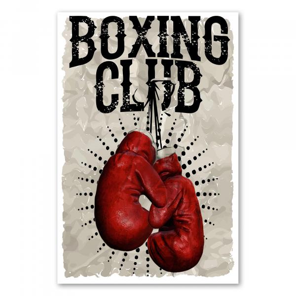 Zwei rote Boxhandschuhe im Used-Look hängen an einem Haken. Das Design trägt die Aufschrift "Boxing Club".