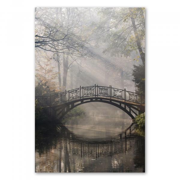 Romantische Metallbrücke überspannt ruhigen Fluss im Nebelwald mit Sonnenstrahlen.