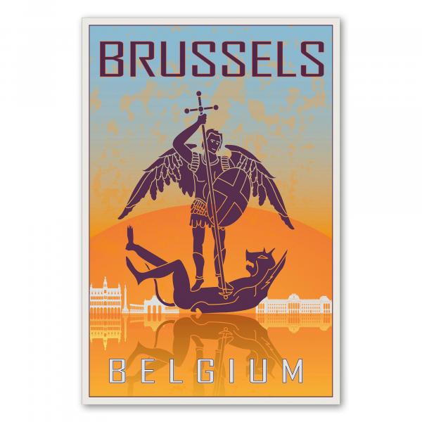 "Brüssel" – ein Retro-Reiseposter mit dem Erzengel Michael, dem Schutzpatron der Stadt, im Stil der 50er Jahre.