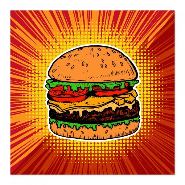 Saftiger Burger, Illustration im Comic-Stil, bunter Hintergrund.