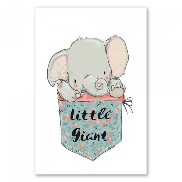 Kleiner Elefant blickt aus Tasche mit Blumen, Schriftzug "Little Giant" - Charme.