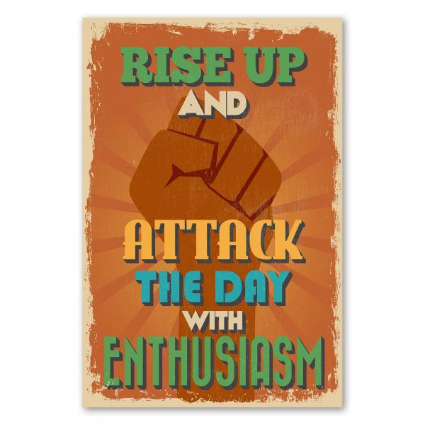 Orangefarbenes Vintage Poster mit Faust: "Rise Up and Attack the Day with Enthusiasm ".