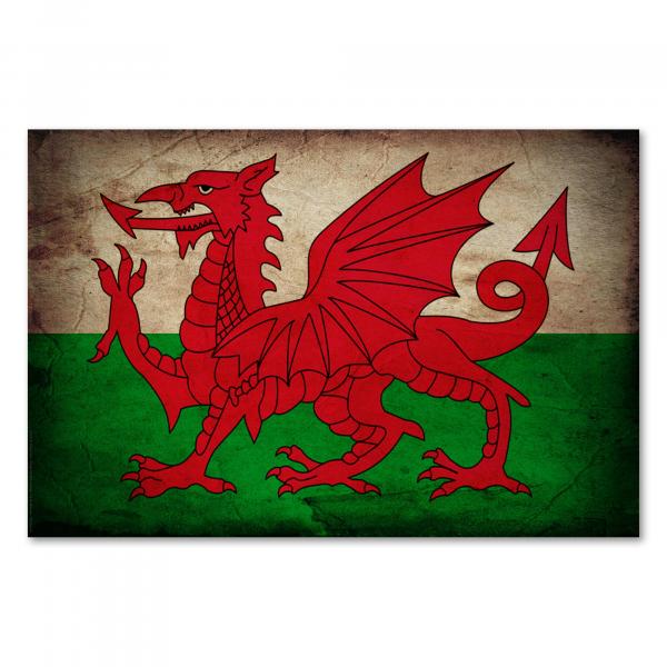 Flagge Wales im Grunge-Stil: Der rote Drache ist das Wappentier von Wales.