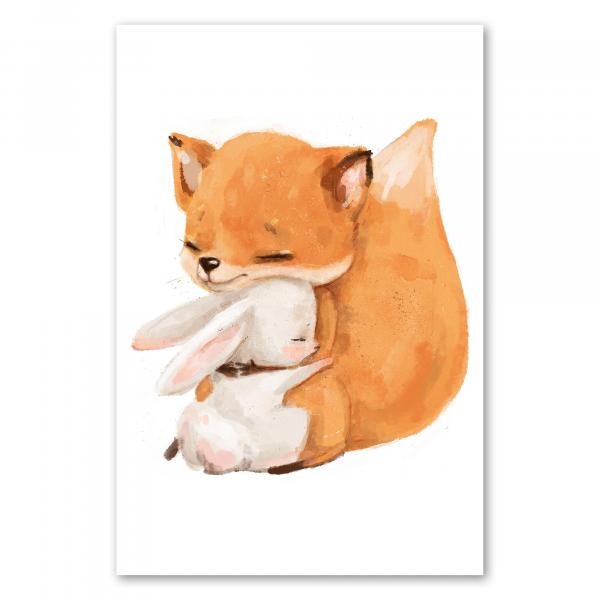 Fuchs & Hase kuscheln, symbolisieren Freundschaft & Zuneigung.