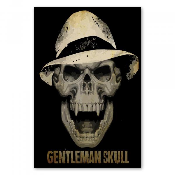 Ein eleganter Totenkopf mit Zylinder und Vampirzähnen. Das Design trägt die Aufschrift "Gentleman Skull".