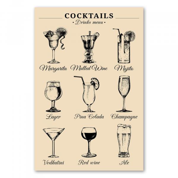 Neun beliebte Cocktails, liebevoll & detailliert illustriert - fruchtige bis herbe Varianten.