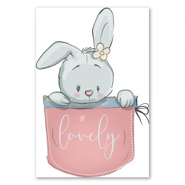 Hase mit Blume im Fell, rosa Tasche, Schriftzug "Lovely" - charmant.