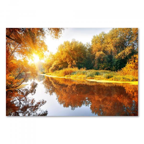 Herbstlicher Wald, Fluss schlängelt sich hindurch, goldene Blätter spiegeln sich.