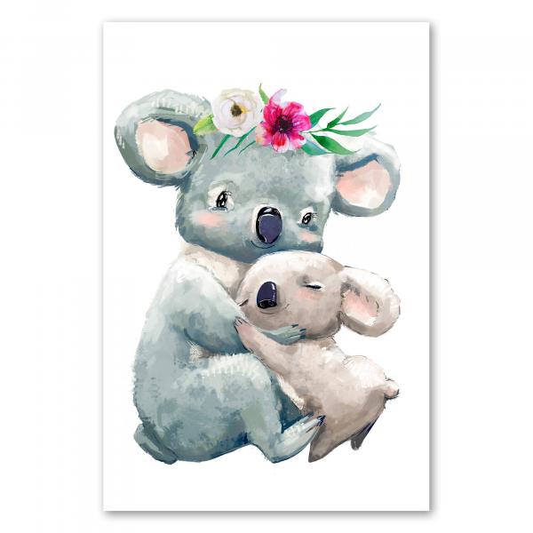 Koala-Mutter, Blumenkranz, hält Junges im Arm, kuscheln, Wärme.