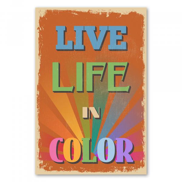 Orangefarbenes Vintage Poster mit Regenbogen: "Live Life in Color".