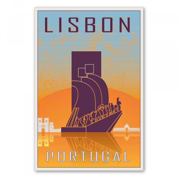 "Lissabon" - ein Retro-Reiseposter mit dem Denkmal der Entdeckungen und der Skyline der Stadt im Stil der 50er Jahre.