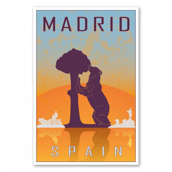 "Madrid" - ein Retro-Reiseposter mit dem Wahrzeichen der Stadt, dem Bären am Erdbeerbaum, im Stil der 50er Jahre.